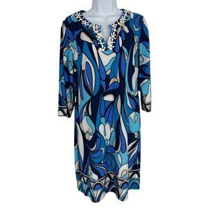 Chicos 3/4 Sleeve Blue Abstract Print Tunic Dress W/ Beaded Neckline Size 0 US S